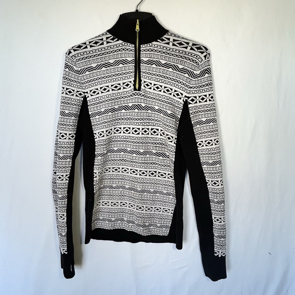Skyr Women Athletic Nordic Ski Sweater Black White Quarter Zip Thumb Holes Large